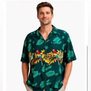 Vacation Shirt-Tropical Parrot Print Green Casual Button Down